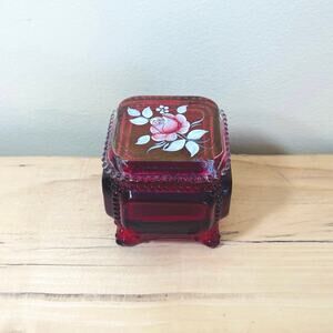 Vtg 78' Westmoreland Lid Red Glass Trinket Box Vanity Hand-Painted Signed Footed